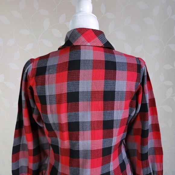 Vintage 60s 70s Buffalo Plaid Dagger Collar Handmade Popover Tunic Top Red Gray - Picture 11 of 16